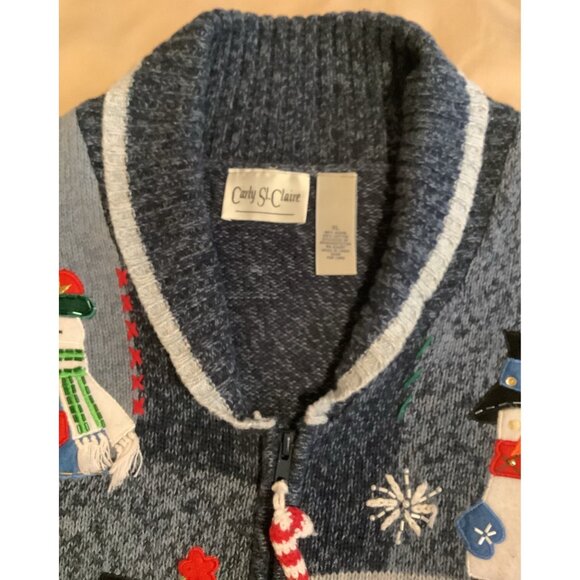 Carly St. Claire Womens XL Ugly Christmas Snowman Cardigan Sweater Blue -- Read - Picture 13 of 16